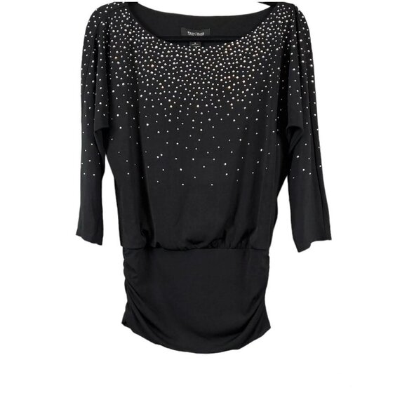 ❤️361 White House Black Market Silver Studded 3/4 Dolman Sleeve Black Ruched Top - Picture 2 of 8